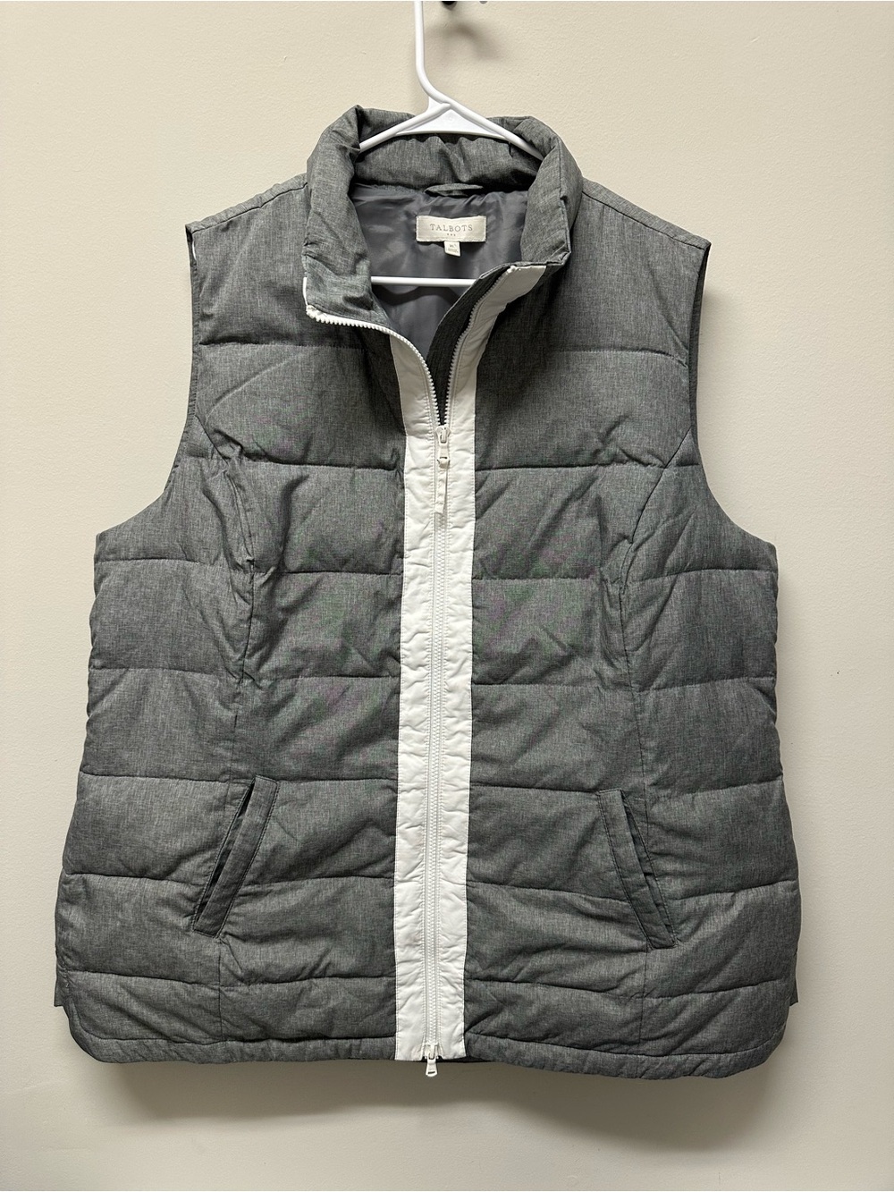 Talbots Gray Quilted Puffer Vest with White Zip Trim